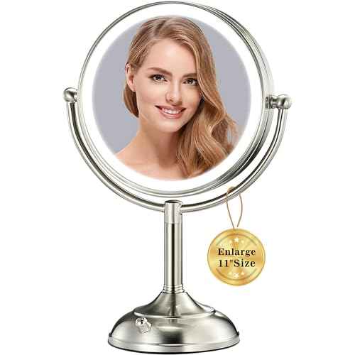 VESAUR 11.8" Extra Large 17" Tall Lighted Makeup Mirror, 1X/5X/10X 3-Sided Magnifying Mirror with 96 LEDs, 3 Color Dimmable Lights, 360¡Æ Swivel Dual Power Vanity Mirror, Nickel Finish - Great Gift