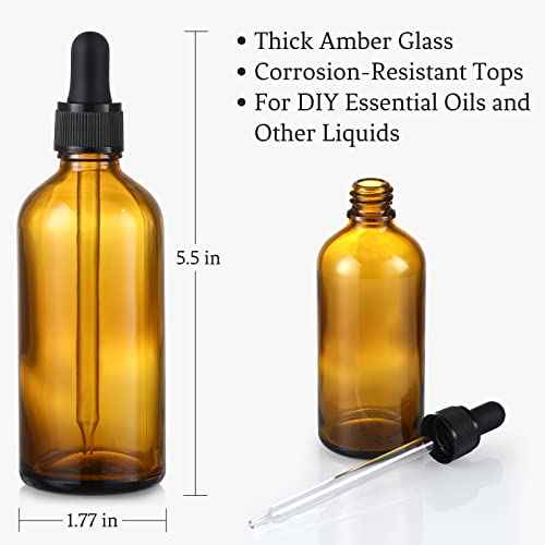 AOZITA 4 Pack, 100ml Dropper Bottles with 1 Funnel & 4 Labels - Essential Oils Bottles for Health, Personal Care & Beauty - 3.4oz Thick Dark Amber Glass Tincture Bottle with Eye Droppers, Leakproof