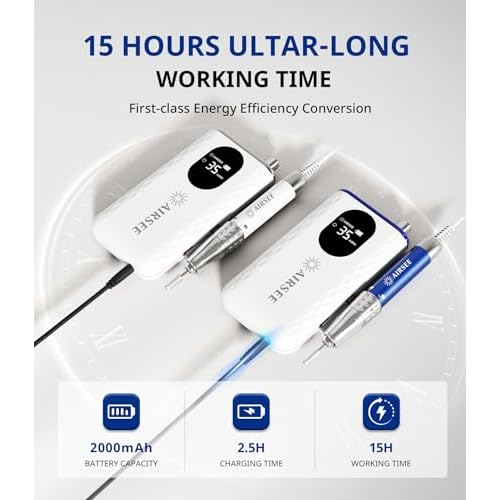 AIRSEE 35000 RPM Professional Electric Rechargeable Nail Drill File Machine for Acrylic Extension Gel Dip Powder Powerful Cordless Portable Efile 56 Sanding Bands 7 Bits LCD Scrn Salon Manicure Use G7