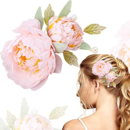 Flower Hair Clip for Women, Non-Slip Vintage Pearl Floral Hairpins, Silk Flower Hair Barrettes Buns Holder Accessories for Party Wedding Decor- Light Pink