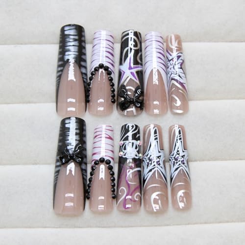 SINHOT Square Press on Nails Long Fake Nails Glossy Glue on Nails Zebra Stripes Acrylic Nails 3D Bowknot Squoval Artificial Nails Purple Star Stick on False Nails with Design 24 pcs