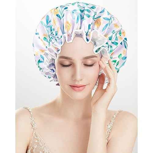 Aquior Shower Cap for Women, Reusable Shower Caps Double Layer Waterproof Womens Girls Adult Hair Cap for all Hair Lengths with EVA Lining, Soft Shower Caps for Long Thick Hair
