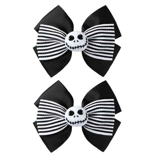 2Pcs Ghost Skull Hair Bows Black White Striped Ribbon Hair Clip Christmas Halloween Accessories Party Decorations