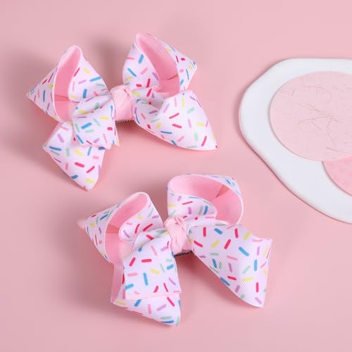 2Pc Birthday Hair Bow Clips Gift for Girls Ages 1-6, 4.3in Pink Confetti Sprinkle Hair Barrettes for Toddler Kid Teens Ice Cream Birthday Party Dress Decor Accessories