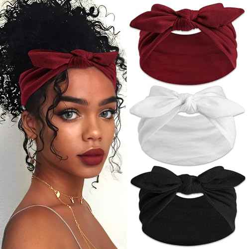 3 Pcs Wide Headbands for Women Boho Rabbit Ears Hair Bands Stretchy Bow Hair Bandana Non Slip Head Scarf Workout Turban Yoga Hair Accessories