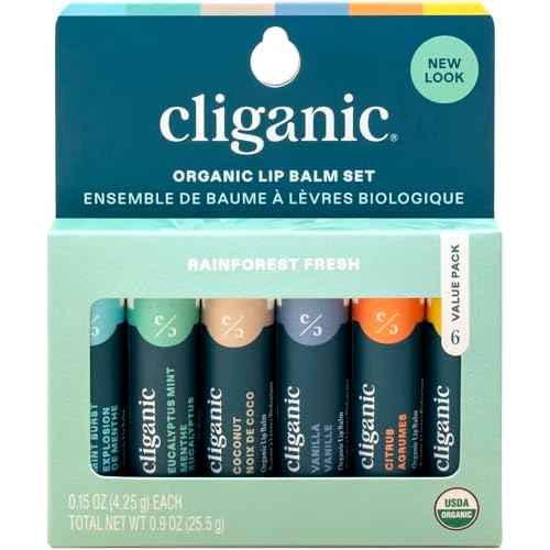 Cliganic Organic Lip Balm Set (6 Flavors) - 100% Natural Hydrating, Moisturizing for Dry Cracked Lips, for Men & Women