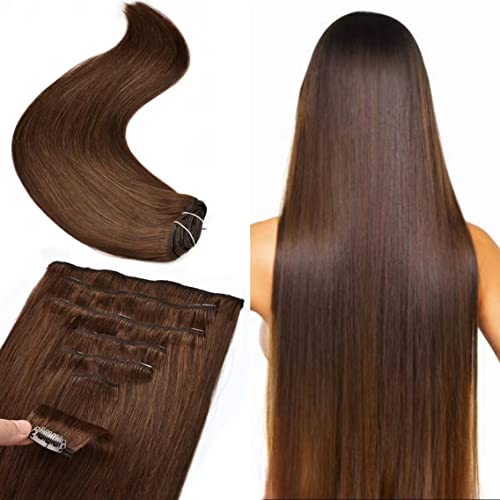 Remy Brown Clip in Hair Extensions Human Hair 120g 7Pcs Medium Brown Silky Straight Human Hair Clip in Hair Extension 22 Inch Human Hair Extensions Clip ins