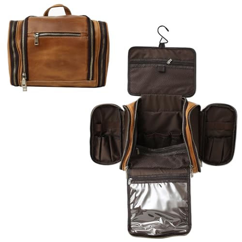 Hanging Toiletry Bag,Personalized Genuine Leather Shaving & Dopp Kit Bag for Men & Women,Travel Organizer for Toiletries,Best Man Gift,Wedding Gifts (Brown)