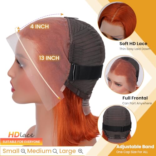 Ginger Orange Bob Wig Human Hair 13x4 HD Lace Frontal Wigs Human Hair for Women Ginger Glueless Short Straight Bob Lace Frontal Wigs 180% Density #350 10 Inch
