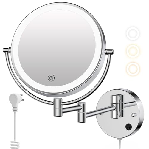 Wall Mounted Makeup Mirror with Lights, Magnifying Mirror 10X/1X Double-Sided, Plug-In Vanity Mirror with 3 Color Lights & Brightness Dimmable, 360¡ÆSwivel Extendable Mirror for Grooming & Shaving