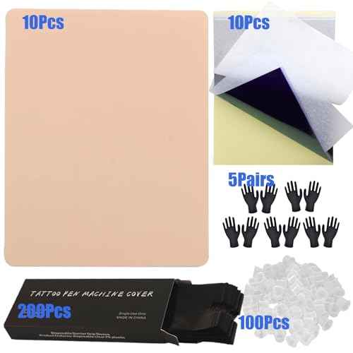 330Pcs Tattoo Skin Practice KIt 10Pcs Tattoo Fake Skin 10Pcs Transfer Paper 100Pcs Tattoo Ink Caps Cups 200Pcs Tattoo Machine Covers Pen Gloves