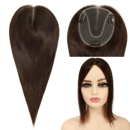 Hair Toppers for Women Real Human Hair, 4.5x5 Inch Swiss Lace Base No Bangs Top 12 Inch Length #4 Medium Brown