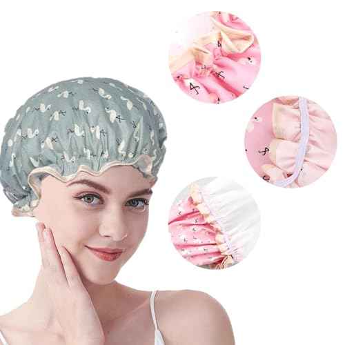 Double Layer Shower Cap for Women Waterproof Reusable Elastic Band, Ruffled Edges Covering Ears for Long, Short & Curly Hair (Blue Bird)