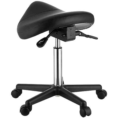VEVOR Saddle Stool with Wheels, 400 LBS Weight Capacity Ergonomic Rolling Saddle Stool, Height Adjustable Thickened PU Leather Swivel Saddle Stools Chair for Salon, Spa, Tattoo, Clinic, Black