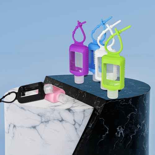 6Pcs Travel Size Empty Hand Sanitizer Holder with Silicone Keychain, 2 oz Leak Proof Refillable Plastic Bottles Portable Travel Containers with Detachable Silicone Case