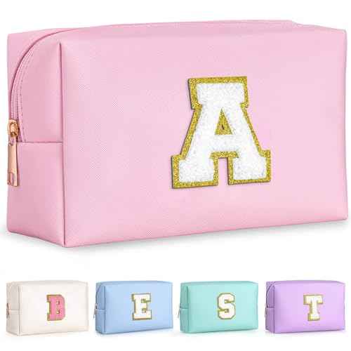 TOPEAST Initial Makeup Bag, Birthday Gifts for 4 5 6 7 8 9 10 11 12 Year Old Teen Girls, Personalized Preppy Cosmetic Bag | Leather Toiletry Bag (Pink A)