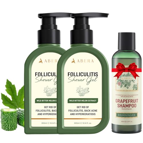 ABERA Folliculitis BHA Shower Gel, High-Performance Folliculitis Body Wash, Wild Bitter Melon Extract, Reduces Back Acne & Hyperkeratosis, 2 Boxes + Gift Grapefruit Hair Regrowth Shampoo for Hair Loss
