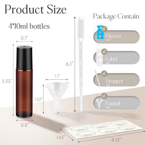 ZEJIA 10ml Roller Bottles for Essential Oils, 4 Pack Glass Roll on Bottles, Refillable Perfume Bottle, with Stainless Steel Roller Balls, 2 Droppers, 1 Opener, Labels (Amber)