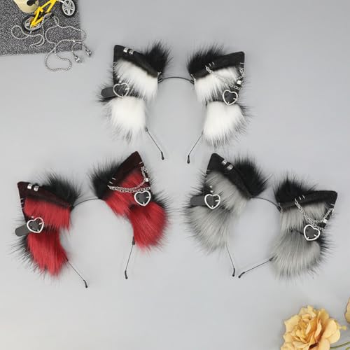 Furry Cat Ears Headband Punk Gothic Heart Clips Animal Ears Hair Hoop for Halloween Cosplay Costume Party