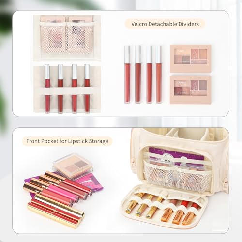 Large Makeup Bag, Portable Travel Makeup Bag Organizer for Women Girls with Makeup Brush Compartment & Two Side Pockets, Cosmetic Travel Bag Vertical Storage Toiletry - White
