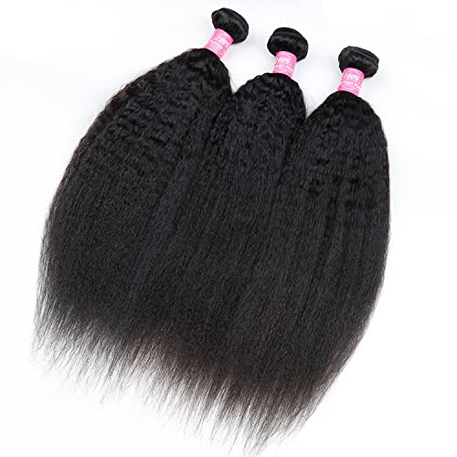 Kinky Straight Bundles 16 18 20 Brazilian Kinky Straight Human Hair Bundles Unprocessed Virgin Hair 3 Bundles 100g/Bundles Double Weft Yaki Straight Human Hair Weave Extensions Natural Color
