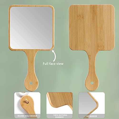 Handheld Mirror,Natural Bamboo Hand Mirror with Handle,Cute Hand held Mirror for Shaving Single-Sided Portable Travel Vanity Mirror for Men & Women,6.3" W x 11.8" L