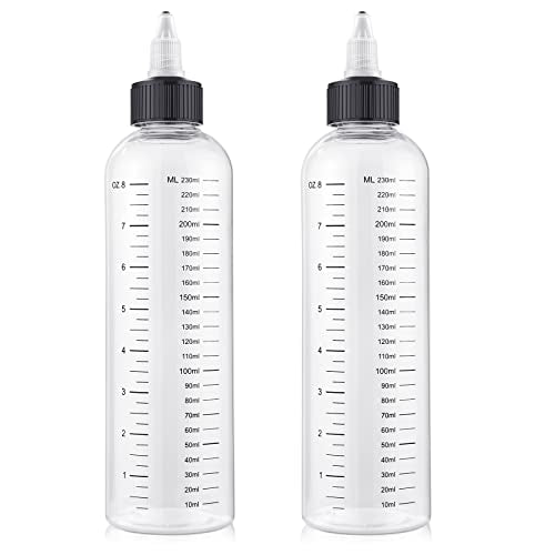 BESARME 2 Pack Applicator Bottle for Hair, 8.5 Ounce Hair Oil Applicator Plastic Squeeze Bottle Root Hair Dye Bottle Twist-On Top Tip Cap with Clear Graduated Scale