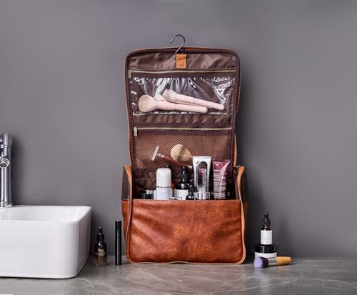 EURYNOME Hanging Toiletry Bag for Women and Men, Large PU Leather Toiletries Organizer, Water-resistant Bathroom Shaving Kit for Cosmetics, Makeup Case