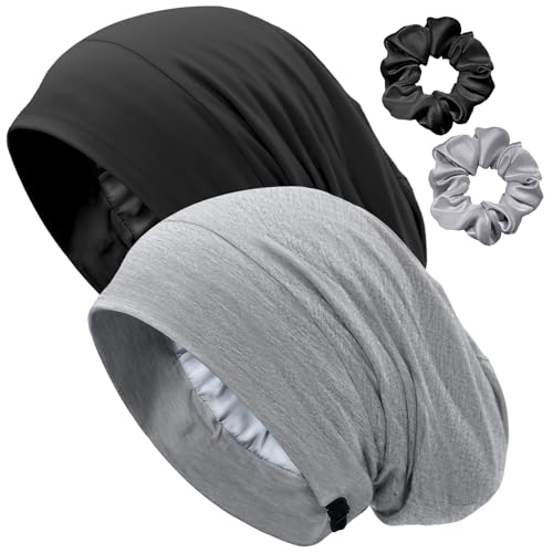 Satin Lined Bonnet for Sleeping Women Men - Adjustable Sleep Cap, Slouchy Beanie Hair Wrap for Curly Braid Locs