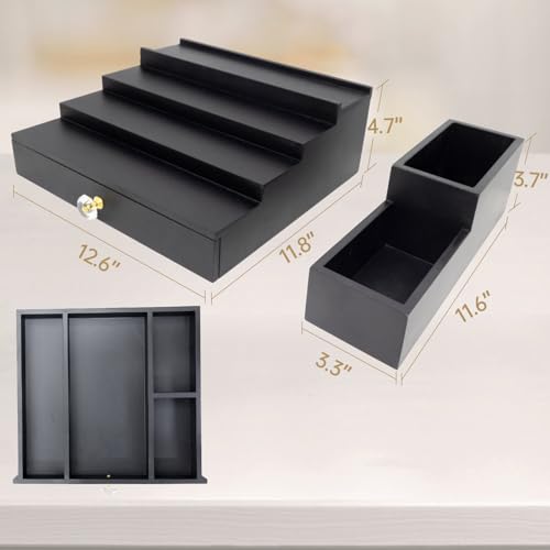 4 Tier Wood Cologne Organizer Stand for Men Wooden Black Perfume Shelf Fragrance Display Risers with Drawer Hidden Compartment Cologne Holder Wood Dresser