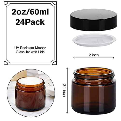 2oz Jars with Lids, Hoa Kinh 24 Pack Amber Glass Jars with Lids Empty Cosmetic Containers Round Airtight Glass Jar with Inner Liners and black Lid for Storing Lotions, Powders, and Ointments