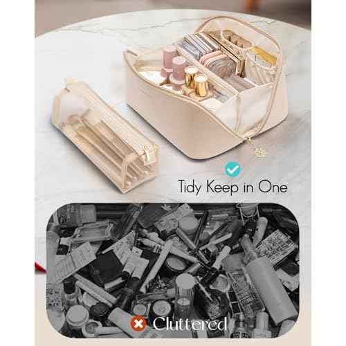 Vlando Makeup Bag,Large Capacity Travel Toiletry Bag,Cosmetic Bags for Women PU Leather Waterproof Portable Pouch with Divider & Handle-Toffee