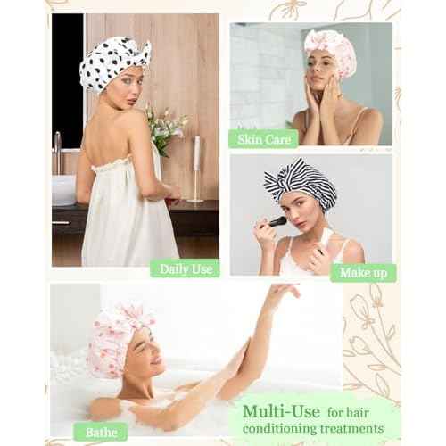 Shower Cap Luxury Shower Caps for Women Reusable Waterproof Large Hair Cap for Shower Non-slip with Adjustable Bowknot Quick-dry Hair Bath Cap for men