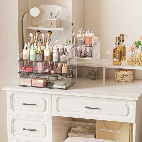Clear Stackable Makeup Organizer with Drawer, 12''W Acrylic Storage Drawers, Cosmetic Display Case for Vanity Bathroom Countertop, Beauty Holder for Lipstick Brush Skincare Perfume