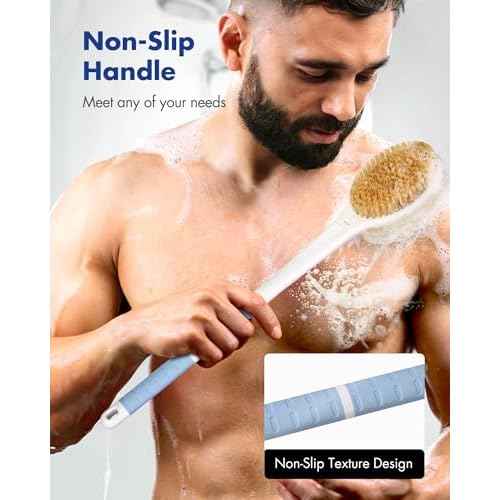 Back Scrubber Body Shower Brush: Anti Slip Long Handle Bath Brush with Stiff and Soft Bristles - Showering Exfoliator Wet or Dry Brushing for Women, Men, Elderly (Blue)