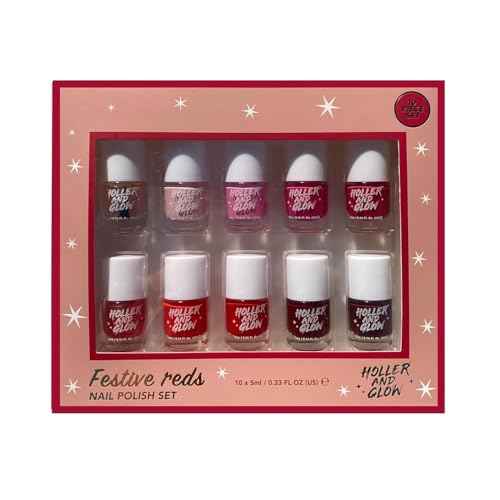Holler and Glow Reds Miniature Nail Polish Holiday Gift Set, Mini Size, Limited Edition, Base Coat, Top Coat, High Shine, Glossy, Long Wearing, Quick Dry, Teen Girl Gifting, 10 Piece Set