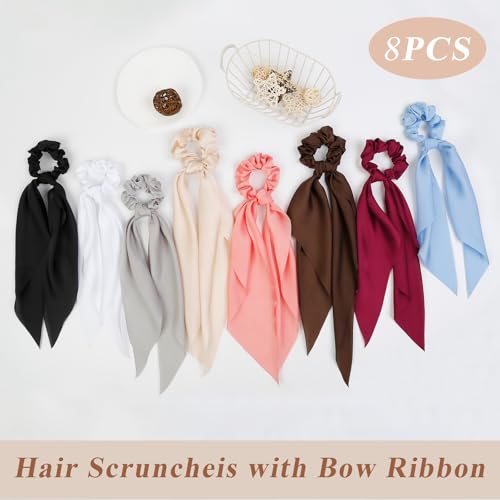 8 PCS Bow Hair Scrunchies Detachable Silky Satin Hair Ties for Women Girls Silk Hair Scrunchies with Long Ribbon Bows Ponytail Holder Elastic Hair Ties Knotted Bow Silk Hair Accessories