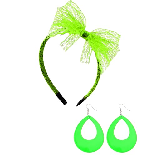 80s Halloween Costume Accessories Lace Headband with Bowknot Bow Headband Hair Band for Women 80s Earrings and Headband Vintage Earrings for Women 1980s Hair Accessories Halloween Headband Earring