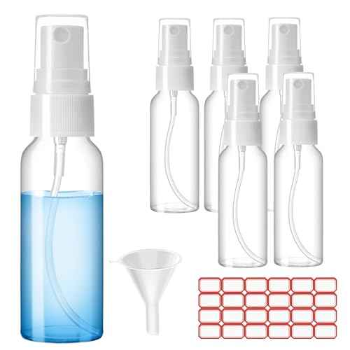 Spray Bottles, 2oz/50ml Clear Empty Fine Mist Plastic Mini Travel Bottle Set, Small Refillable Liquid Containers with 2pcs Funnels and 24pcs Labels (6 Pack)