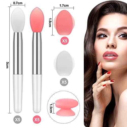 20 Pcs Silicone Lip Brush Covers and Brushes for Lip Sticks, Gloss, Balm and Other Cream Makeup Products(Pink, White)