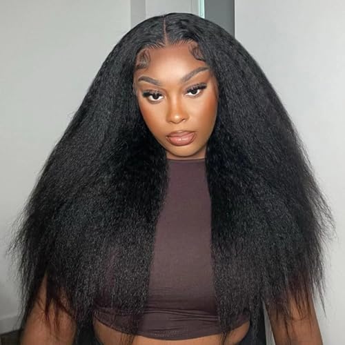 Kinky Straight Lace Front Wigs Human Hair Pre Plucked With Baby Hair 4x4 Transparent Yaki KinkyStraight Human Hair 180% Density Yaki Straight Lace Frontal Wigs for Women 20 Inch