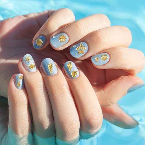 Ocean Theme Nail Art Charms, Sea Beach Starfish Seashell Nail Charm Decals, 3D Alloy Nail Gems Decoration Stickers for Manicure DIY Embellishments 12 Style- Gold