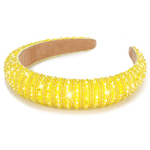Wecoe Yellow Headband Fashion Rhinestone Padded Headband Women Cute Fancy Bling Diamond Sparkle Crystal Beaded Hairband Homecoming Prom Holiday Hair Accessories For Women Girls Birthday Gifts