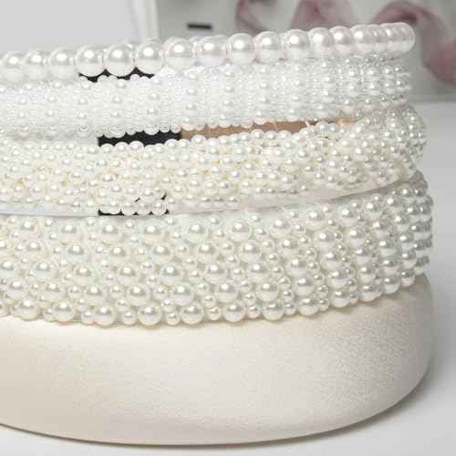 5Pcs White Pearl Headbands for Women Faux Pearl Beaded Headbands Cute Padded Headband for Women Party Wedding Hair Accessories for Bridal