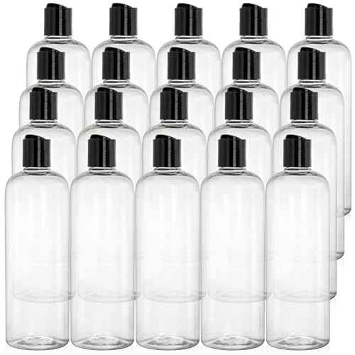 Peohud 20 Pack 16oz Clear Plastic Empty Bottles with Disc Top Flip Caps, Refillable Shampoo Bottles, Squeezable Travel Containers for Lotions, Cosmetics, Liquid Body Soap, Creams, BPA Free