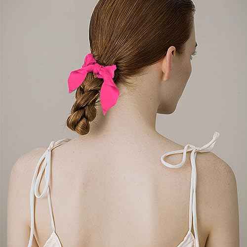12 Pack Scrunchies for Women, Bow Hair Scrunchies for Thick Hair, Hot Pink Hair Ties Bunny Ear Scrunchies Satin Scrunchies, Hair Accessories Scrunchies with Tails for Girls