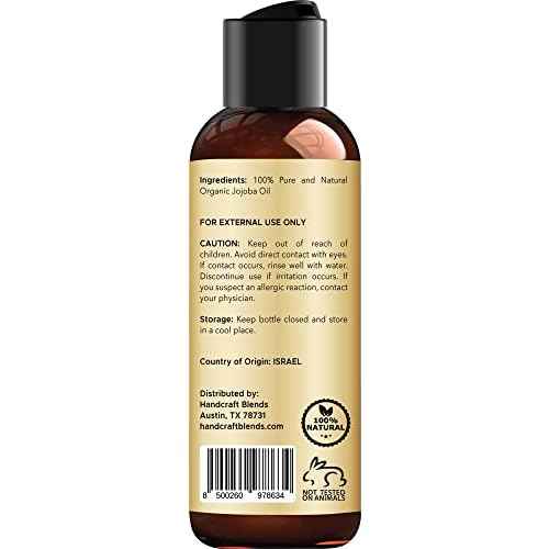 Handcraft Blends USDA Organic Jojoba Oil - Cold-Pressed 4 Fl Oz - 100% Pure and Natural - Premium Grade Carrier Oil for Skin and Hair - Hair and Body - Massage - Hexane-Free