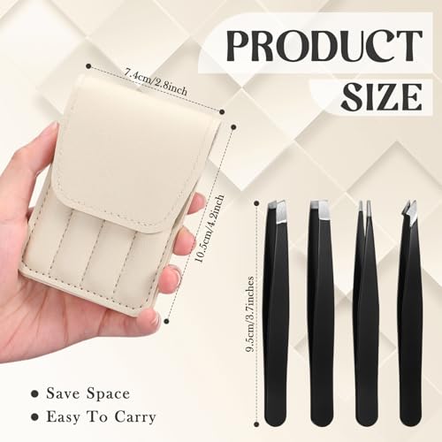Lasnten 12 Sets Eyebrow Tweezers Set and Curved Scissors, 4 in 1 Professional Stainless Steel Tweezers for Women and Men, Splinter and Ingrown Hair Removal with Travel Case(Beige)