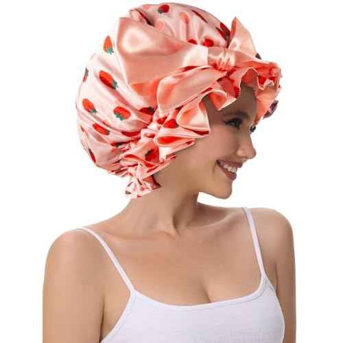 Silk Bonnet for Sleeping Women, Satin Hair Shower Cap 2025 Tie Band Adjustable Straps Head Wrap for Curly Hair Strawberries F