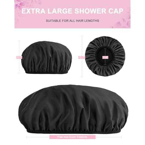 Aquior Shower Cap,Terry Lined Shower Cap for Women Reusable, Triple Layer Waterproof Bath Cap, Extra Large for Women Long Hair(Black)